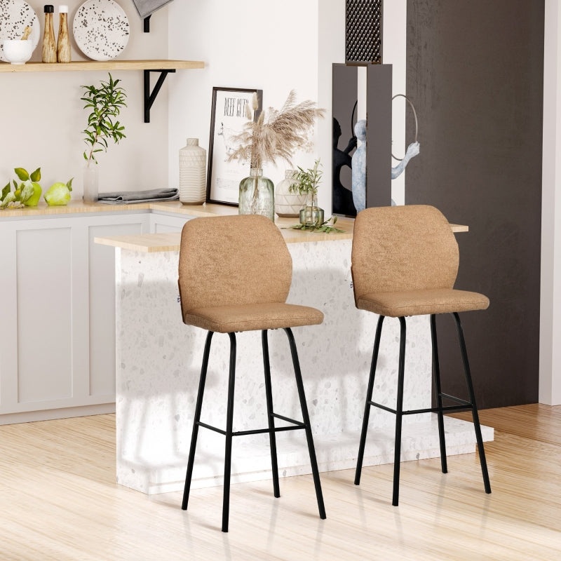 Light Brown Linen Upholstered Bar Stools Set of 2 with Backs