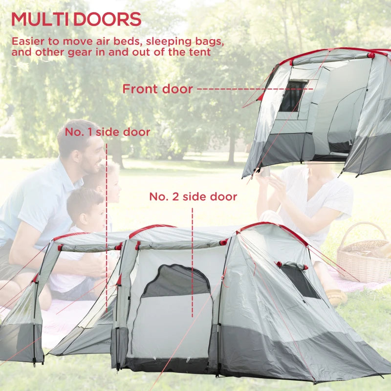 6-8 Person Grey Tunnel Camping Tent with Bedroom, Living Room, 3 Doors