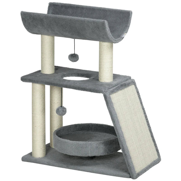 Cat Tree Tower with Scratching Posts, Pad, Bed, Perch, Toy Ball - Light Grey