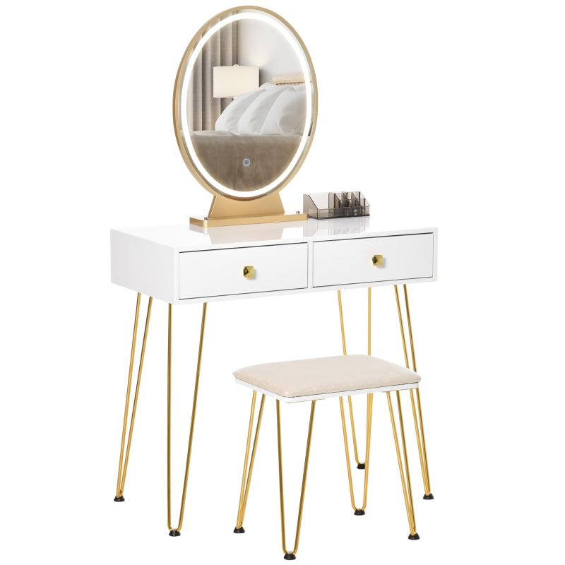 White Vanity Dressing Table Set with LED Light, Round Mirror, 2 Drawers, and Stool