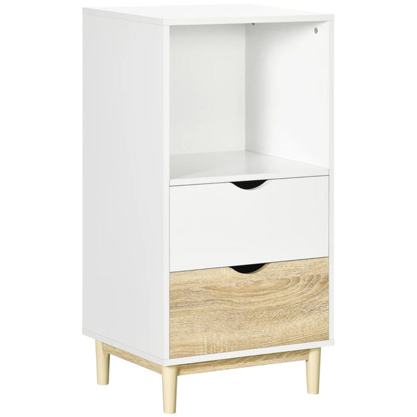 Modern White and Oak Bookcase with Drawers and Open Shelf
