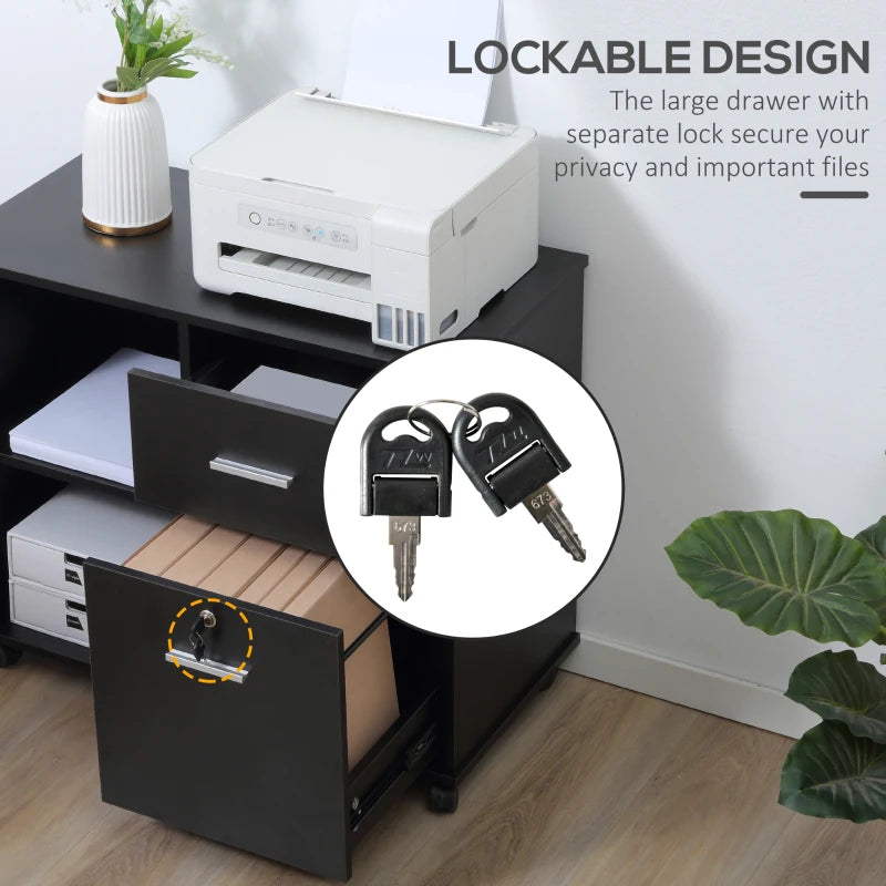 Black Mobile Filing Cabinet with Lockable Drawer and Open Shelves