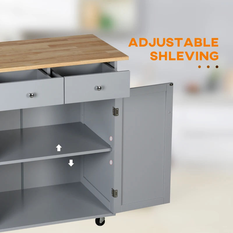 Grey Rolling Kitchen Island Cart with Rubber Wood Top and Storage