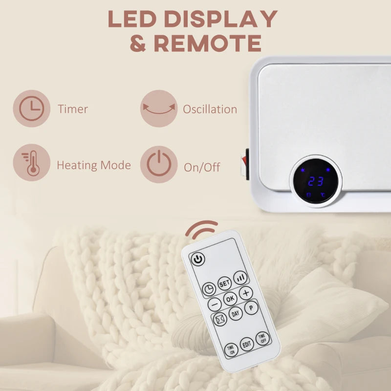 Wall-Mounted Electric Heater with Timer and Remote Control, 1000W/2000W, White