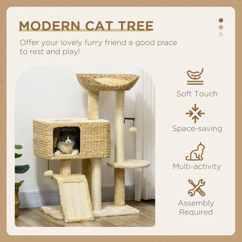 Beige Cat Tree Tower with Scratching Post and Toy Ball