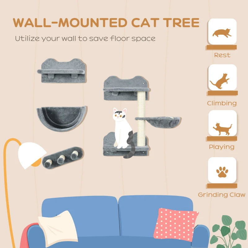 Grey Cat Wall Shelves Set with Scratching Post, Hammock, Nest - 4PCs