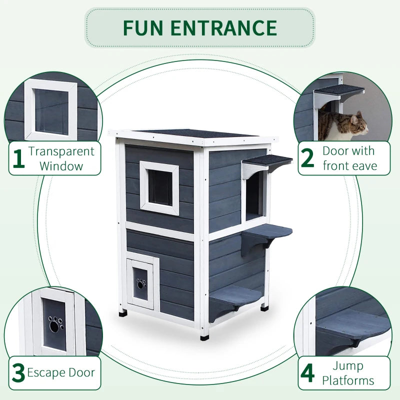 Grey 2-Floor Wooden Cat House with Window