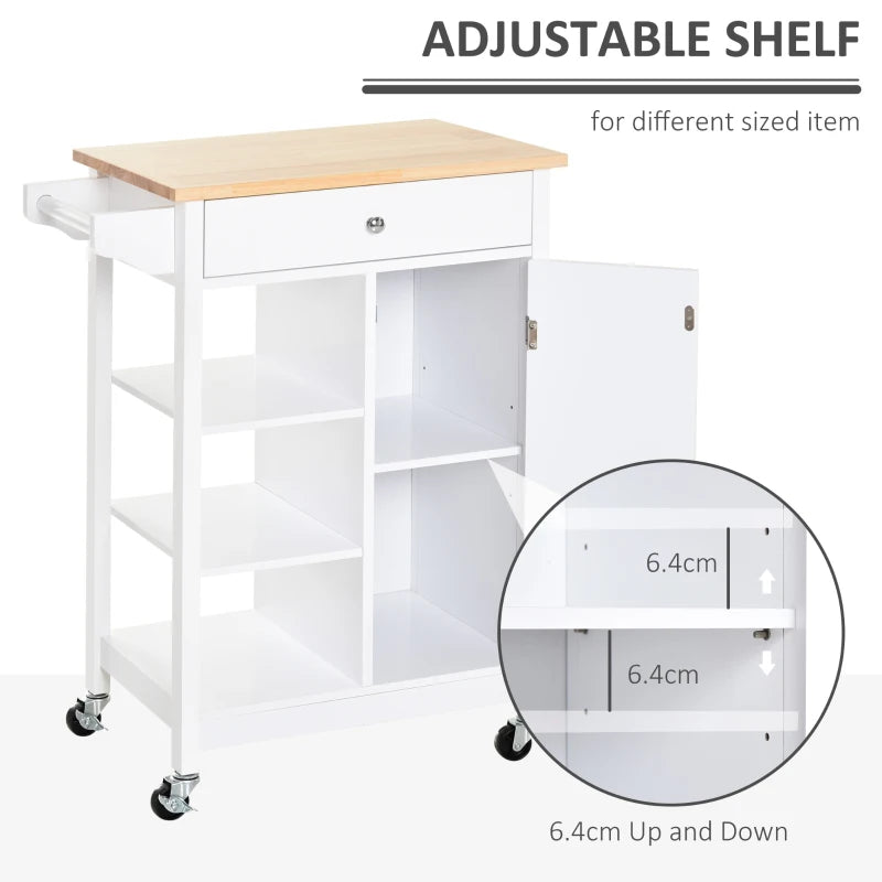 White Kitchen Trolley with Wood Top, 3 Shelves, and Storage Cupboard