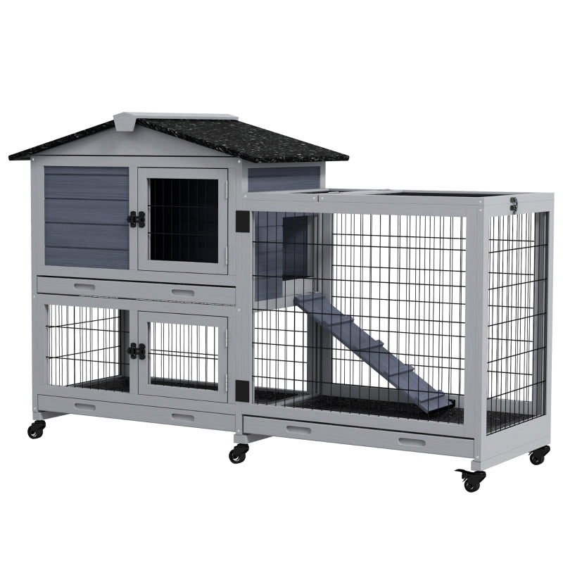 Grey Portable Rabbit Cage with Run, Wheels, Ramp - Indoor/Outdoor