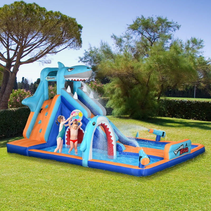 Shark-Themed Inflatable Water Park with Slide & Pool for Kids 3-8, Blue