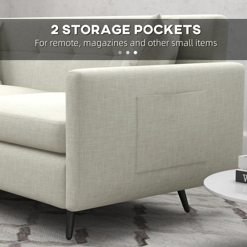 Beige Fabric 2 Seater Sofa with Storage Pockets and Steel Legs