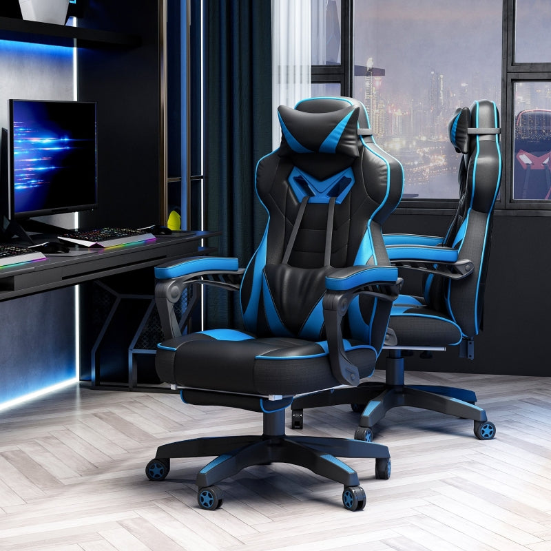 Blue Gaming Chair with Lumbar Support, Footrest, and Headrest