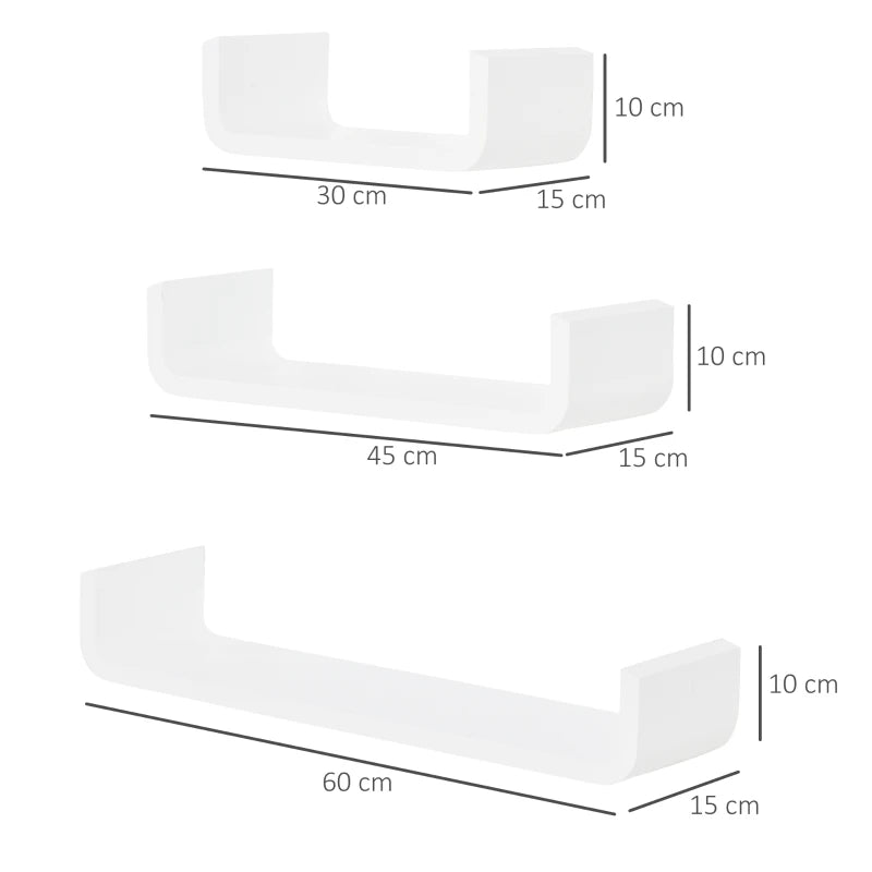 White Floating Wall Shelves Set of 3 - Invisible Mounting for Bedroom & Living Room
