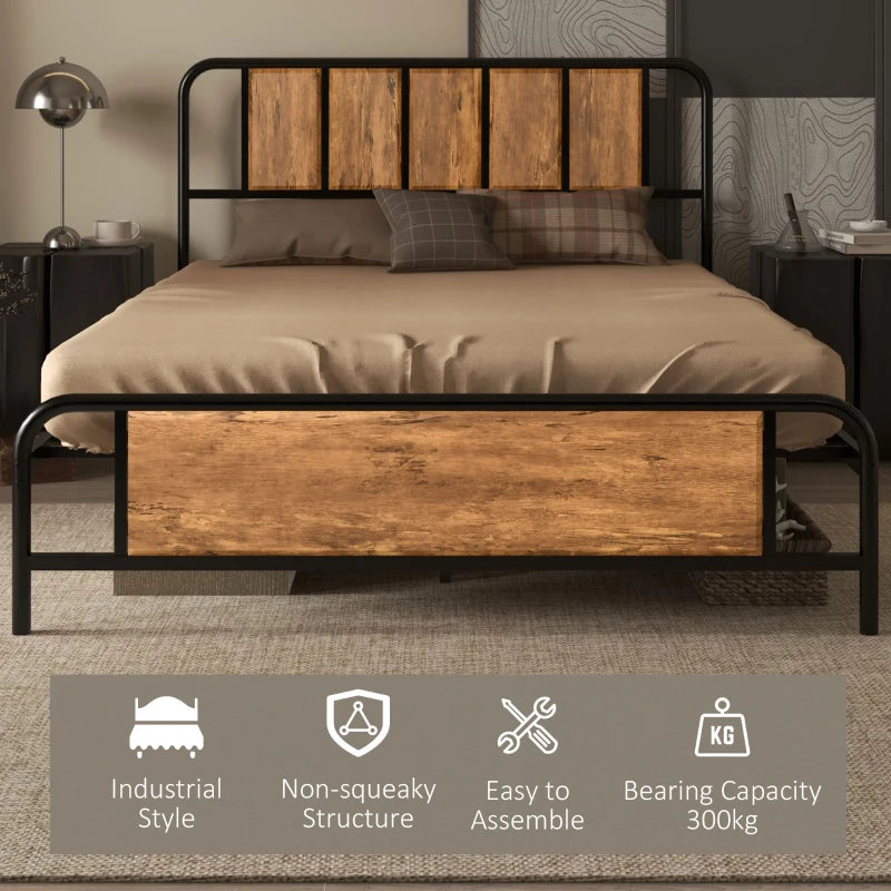 Rustic Brown Double Bed Frame with Industrial Wood Headboard and Underbed Storage