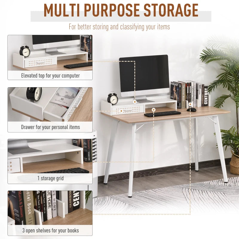 White Compact Computer Desk with Monitor Stand and Storage