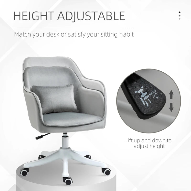 Grey Velvet Office Chair with Massage Lumbar Pillow