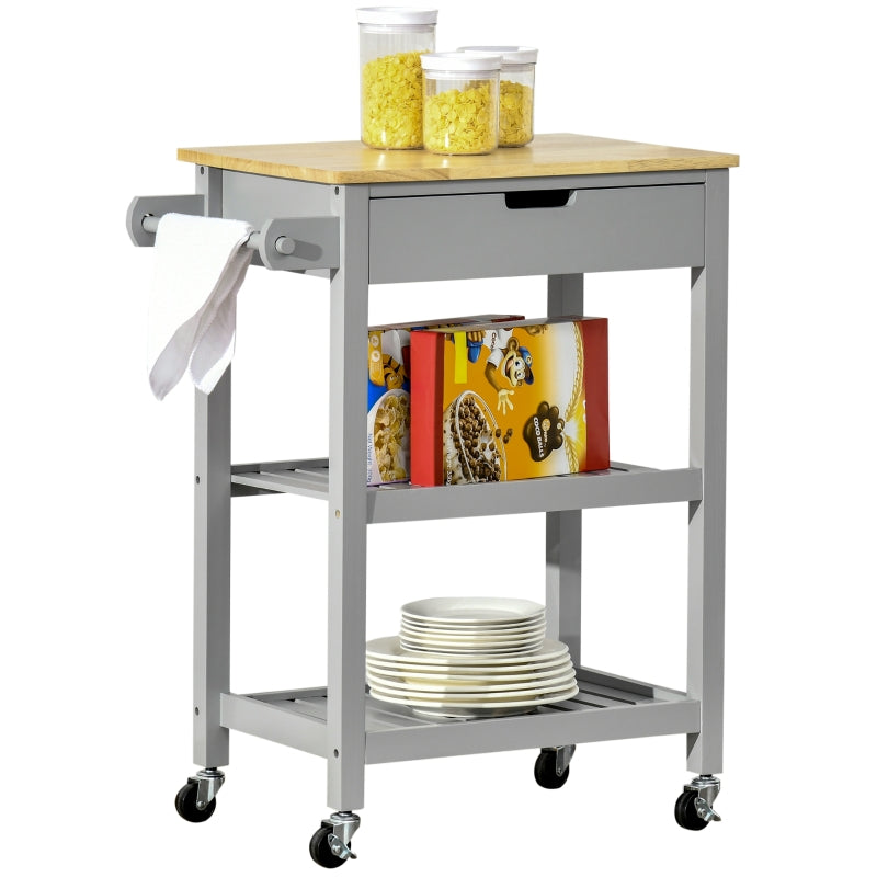 Grey Kitchen Utility Cart with Rubberwood Worktop and Storage