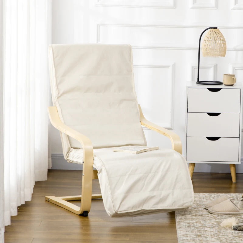 Wooden Deck Lounging Chair with Adjustable Footrest & Cushion, Cream White