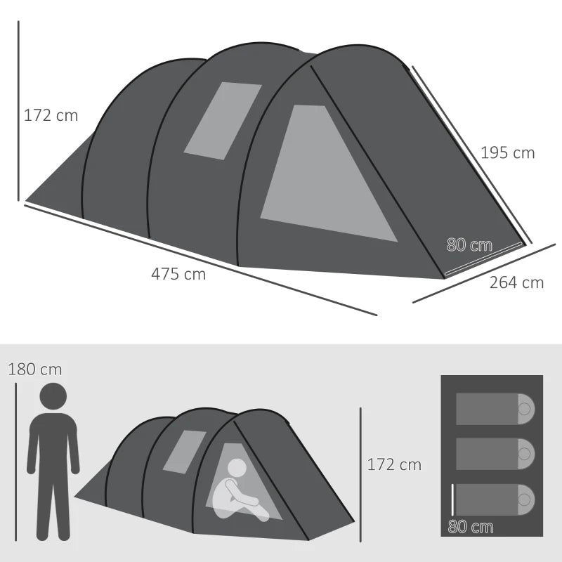 Black 3-4 Person Tunnel Camping Tent with Windows and Covers