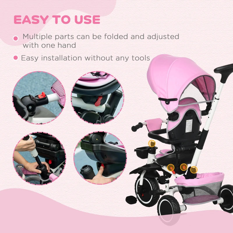 3-in-1 Pink Kids Tricycle with Rotating Seat & Adjustable Handle