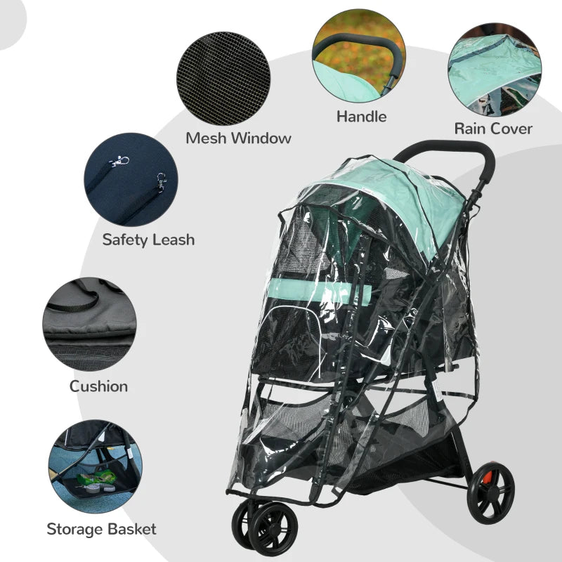 Green Foldable Pet Stroller with Rain Cover for XS and S Dogs