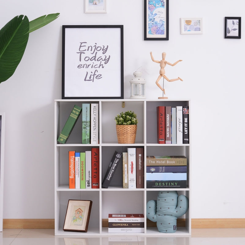 White Wooden 9 Cube Storage Unit with 3 Tier Bookcase Shelves