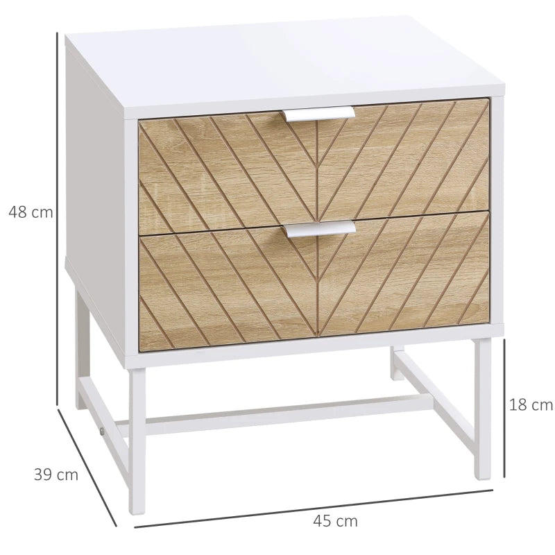 Modern White and Oak 2-Drawer Bedside Table with Metal Frame