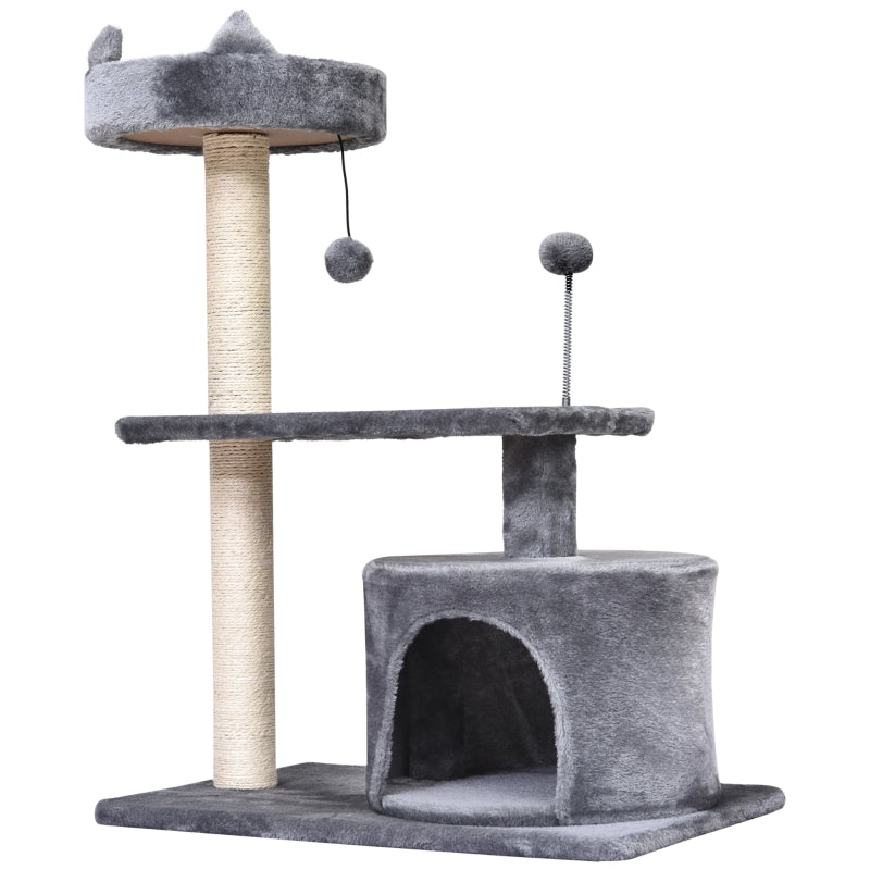 Grey Cat Tree Condo with Scratching Post and Perch, 60x40x81 cm