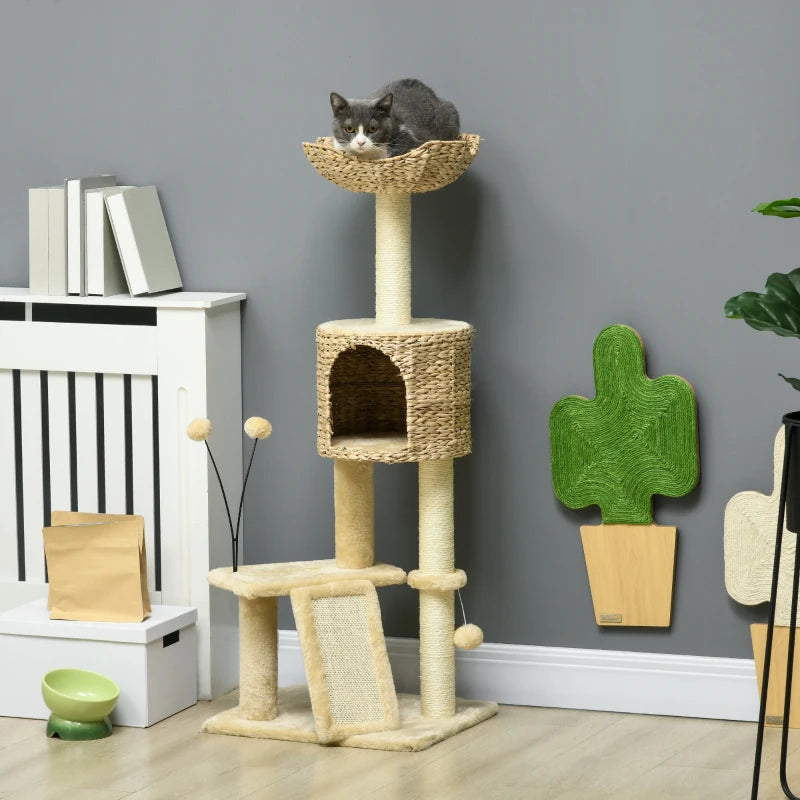 Beige Cat Tree Tower with Scratching Post, House, Bed, Toy Ball, Platform