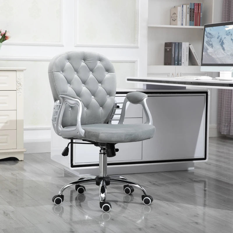 Grey Velvet Swivel Office Chair with Adjustable Height and Wheels