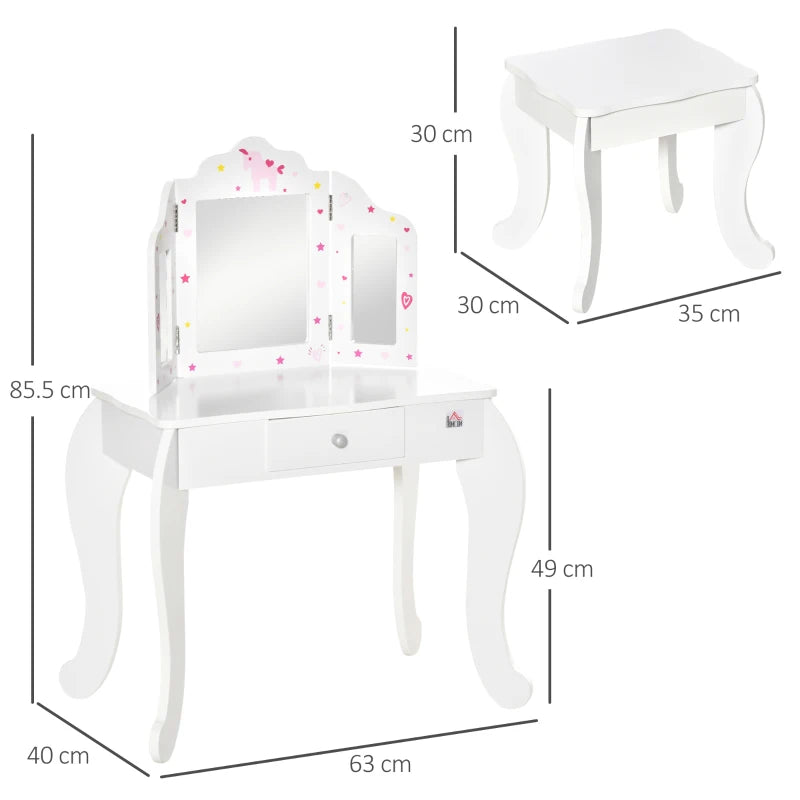 Kids White Vanity Table & Stool Set with Rotatable Mirrors - Star & Heart Pattern