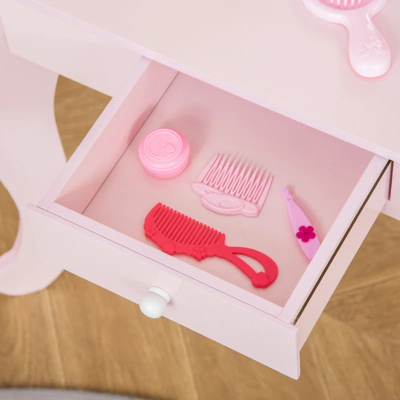 Kids Pink Vanity Table & Stool Set with Mirror - Dressing Play Desk