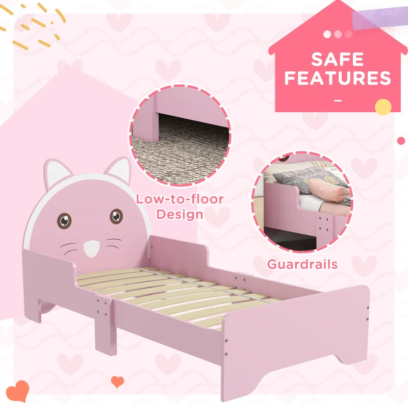 Cat Design Pink Toddler Bed Frame with Guardrails - 3-6 Years