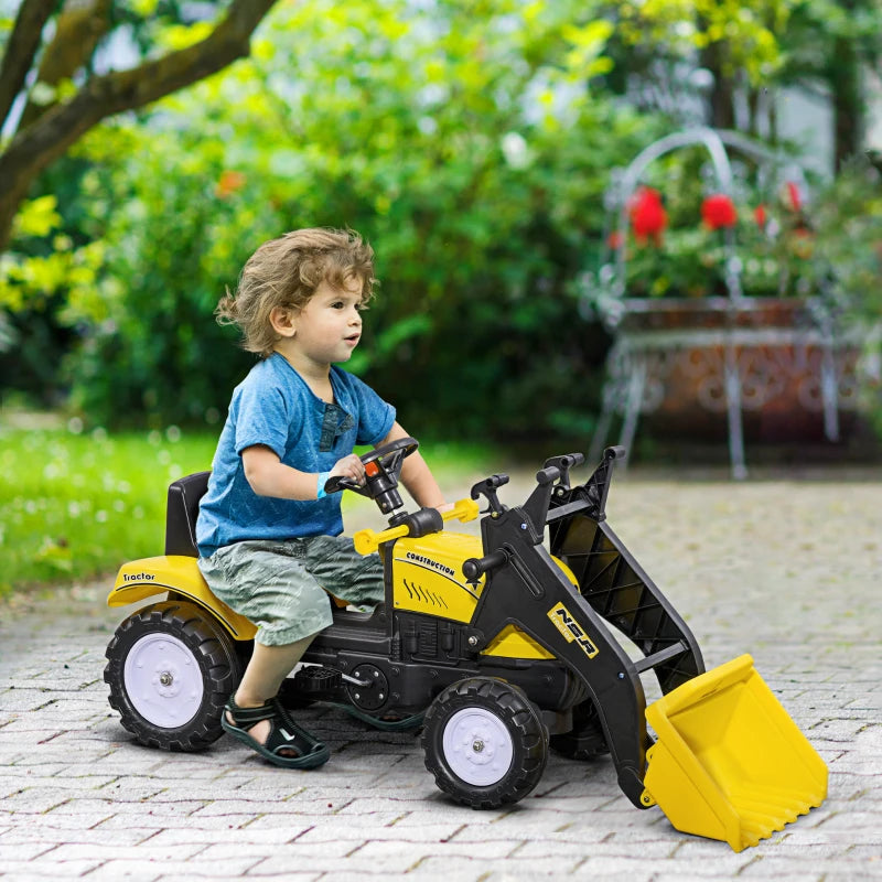 Yellow Pedal Go Kart Excavator with Front Loader for Kids 3+