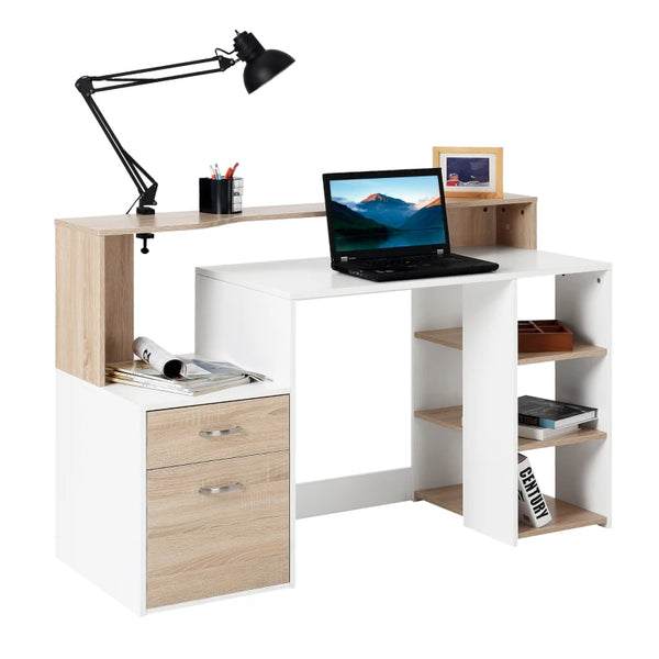 Oak and White Computer Desk with Drawers and Storage Shelves