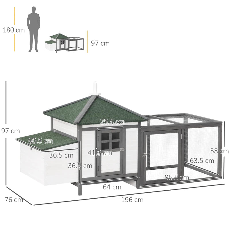 Grey Chicken Coop with Run and Nesting Box - Outdoor Poultry Pen 196x76x97cm