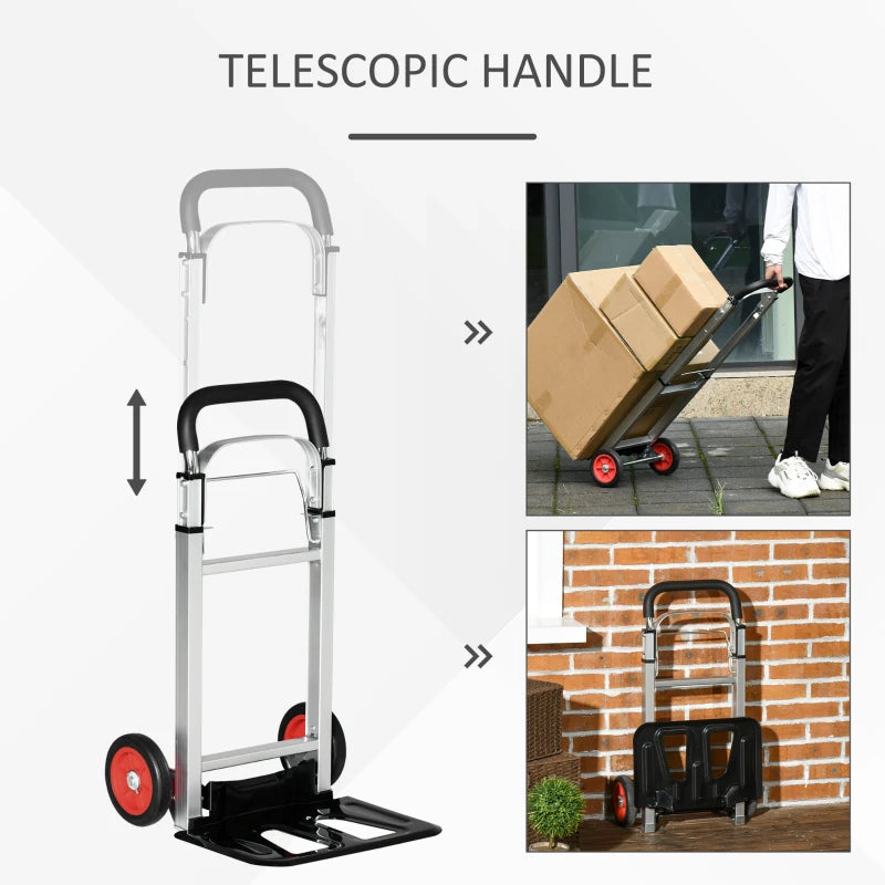 Aluminium Folding Sack Truck with Telescoping Handles, Trolley on Wheels - 90kg Capacity (Silver)