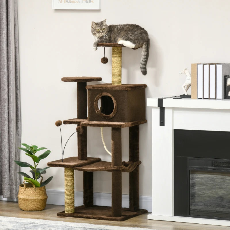 Modern Brown Cat Tree with Scratching Posts and Toy Ball