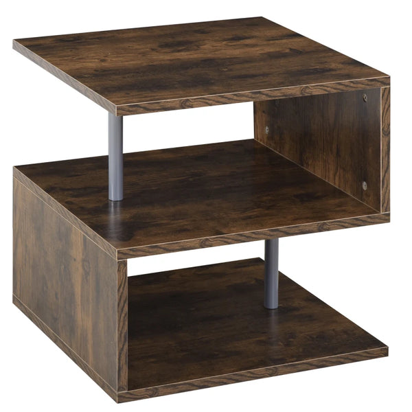 Rustic Brown Wooden S-Shaped Coffee Table with 2-Tier Storage Shelves