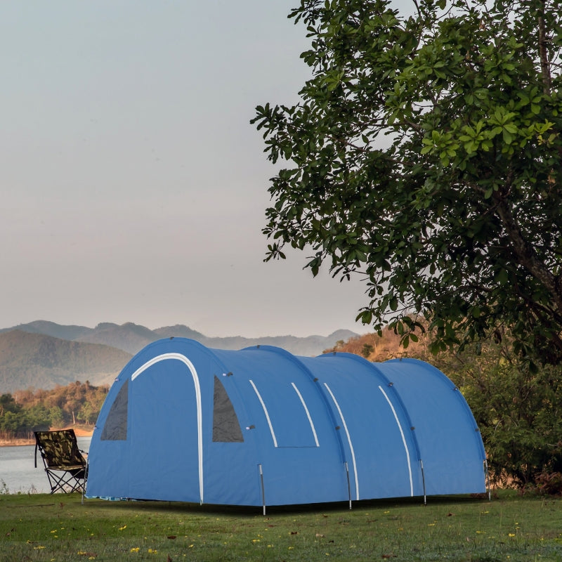 6-Person Blue Tunnel Camping Tent with Two Rooms and Carry Bag