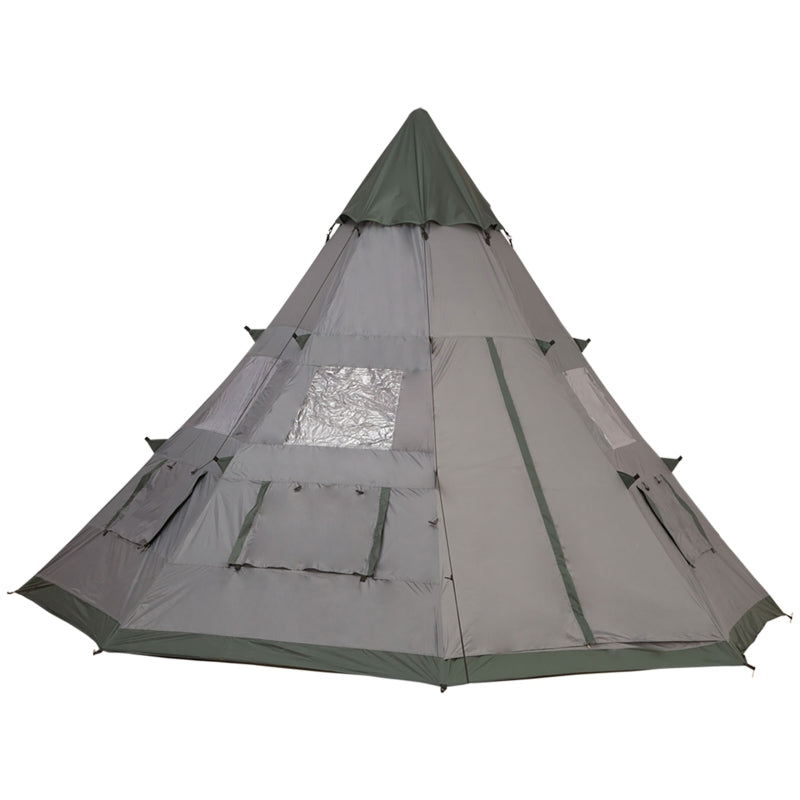 Gray 6-Person Teepee Camping Tent with Mesh Windows and Carry Bag