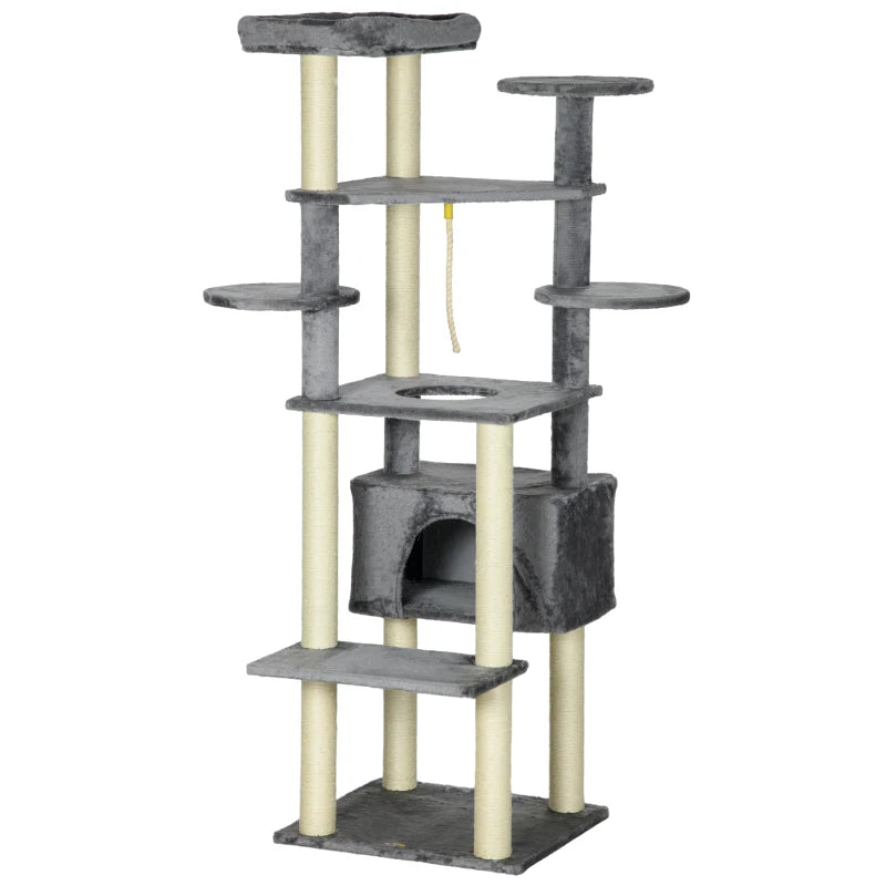 Modern Grey Cat Tree with Bed, Perches, Scratching Posts - 184cm