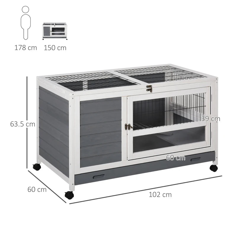 Grey Wooden Indoor Rabbit Hutch with Wheels - 102 x 60 x 63.5cm