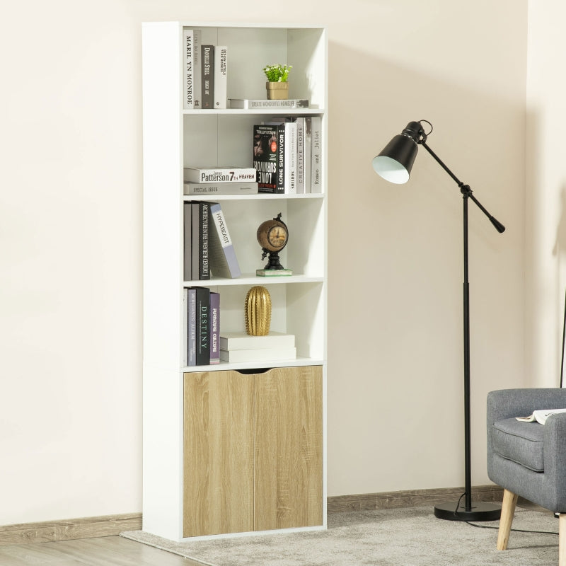 6-Tier White and Oak Bookcase with Double Door Cabinet