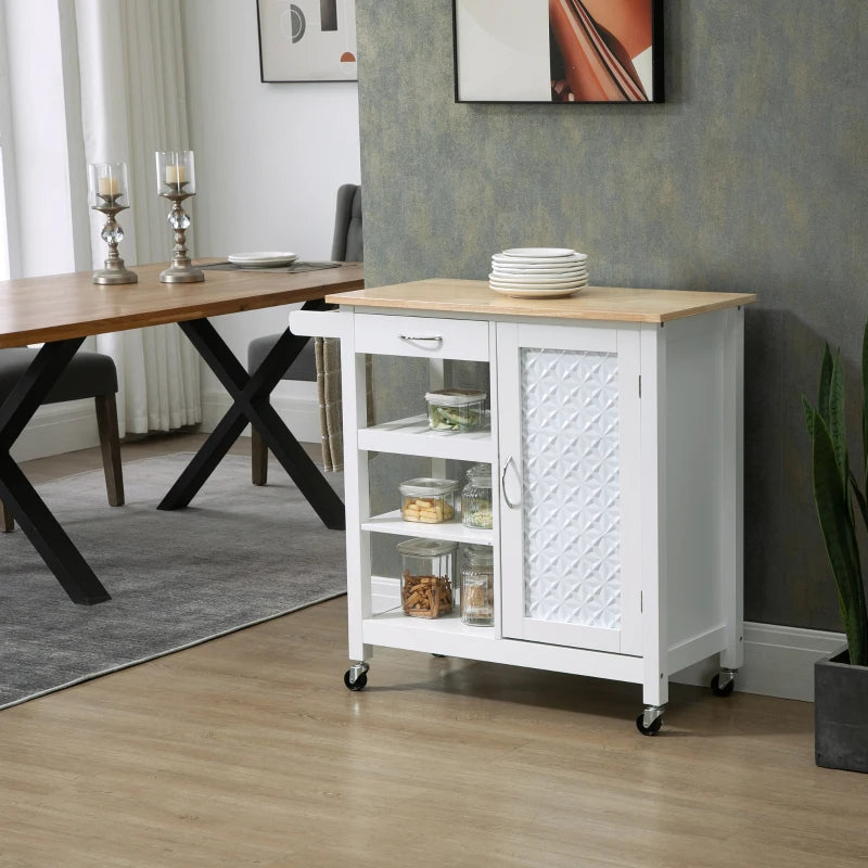 White Kitchen Trolley with Embossed Door Panel and 3 Shelves