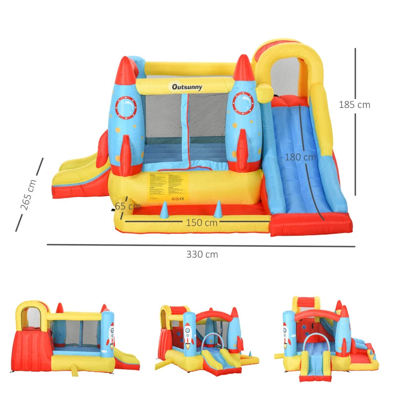 Inflatable Rocket Design Bounce Castle with Trampoline, Slide, and Pool - 3.4m x 2.8m x 1.85m - Blue