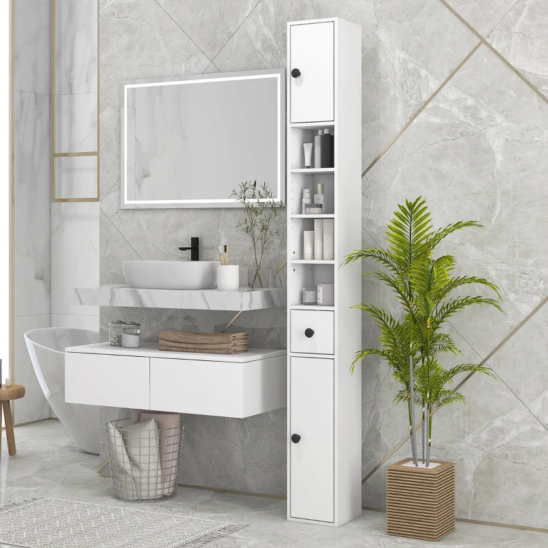 White 180cm Tall Slim Bathroom Storage Cabinet with Shelves