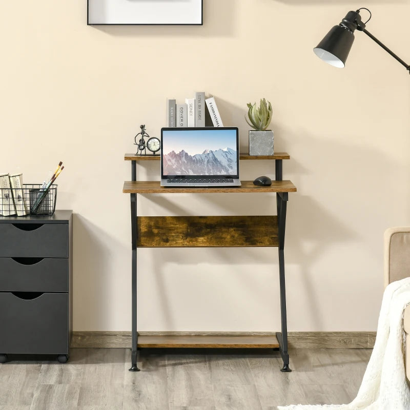 Rustic Brown Compact Computer Desk with Storage, 70 x 60cm - Small Space Home Office Desk