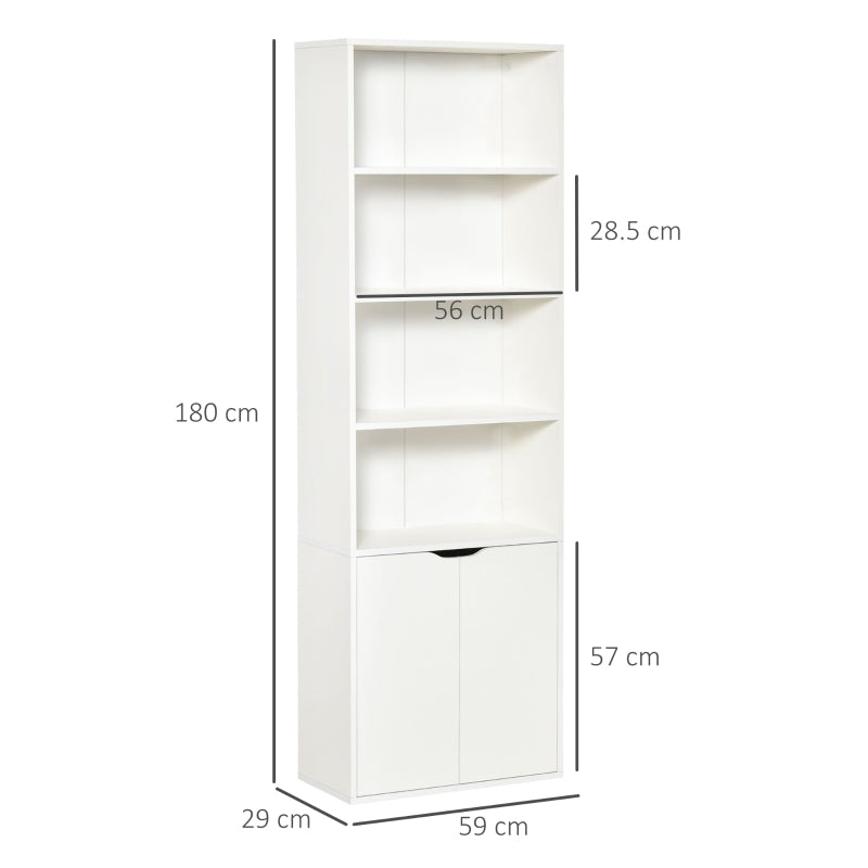 White 6-Tier Tall Bookcase with Double Door Storage Cabinet, 59 x 29 x 180cm