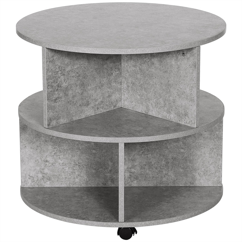 Round Cement Coffee Table with Divided Shelves and Wheels